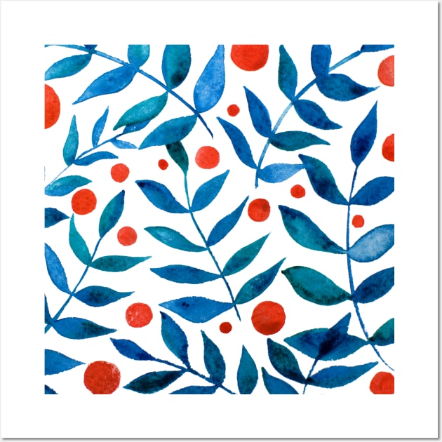 Watercolor branches and berries - orange and blue Wall Art by wackapacka